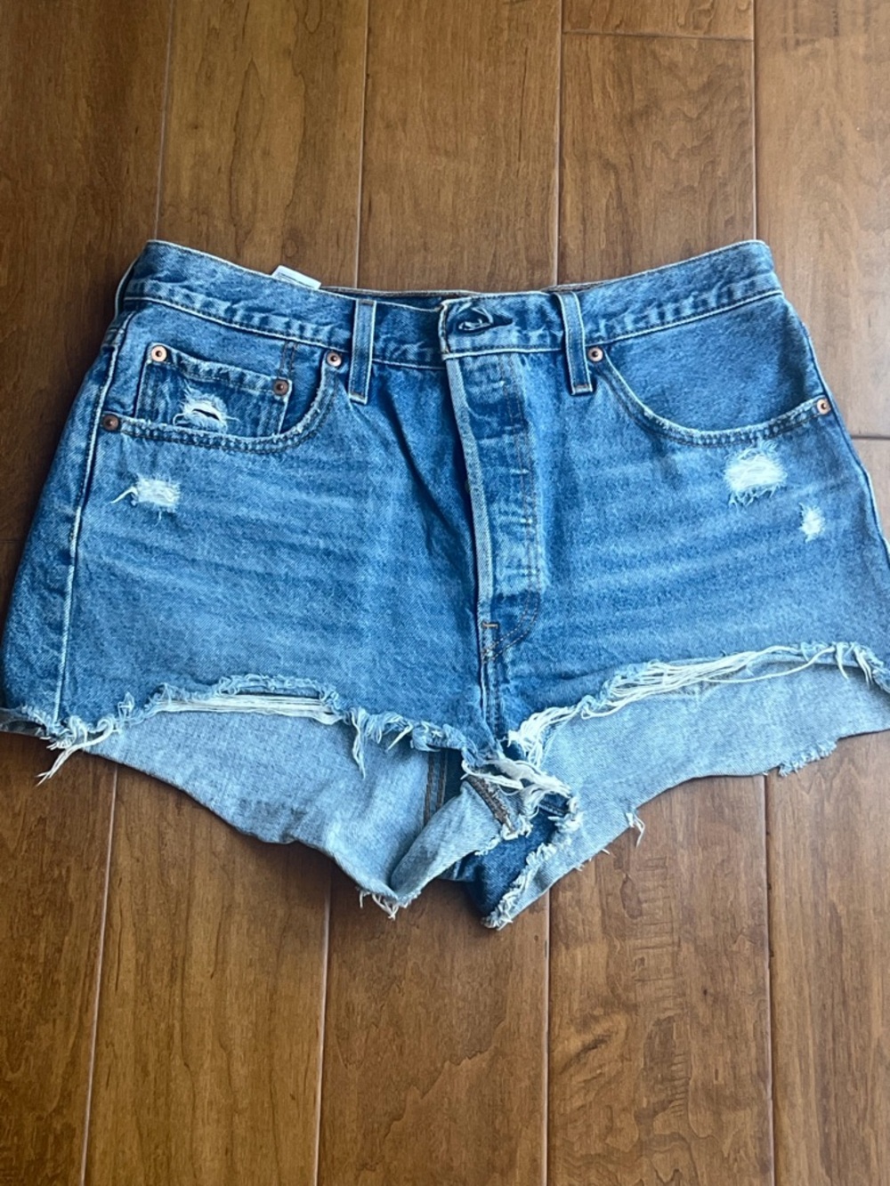 Levi’s 501 LeHigh-Waist Distressed Denim Shorts - Blue - Picture 1 of 3